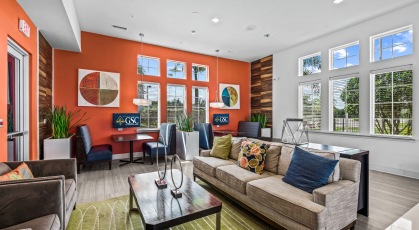 Resident Lounge with comfortable seating and lots of natural light