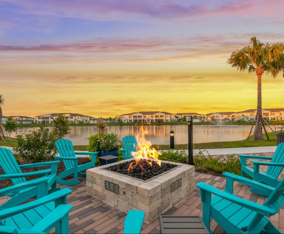 Large firepit with a lakeview