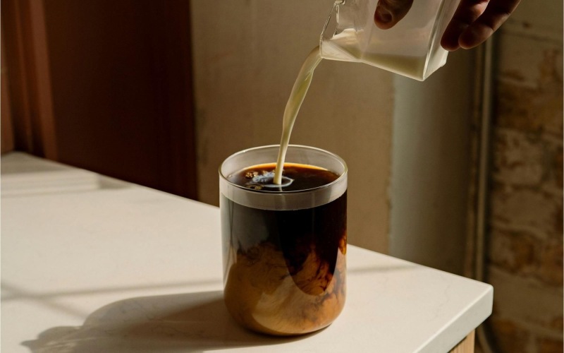 a hand pouring a cream into a coffee