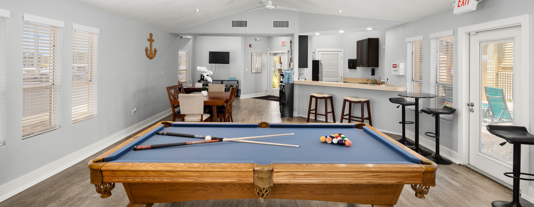 Resident lounge with billiards table and resident kitchen