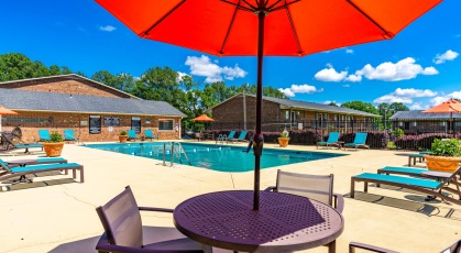 Swimming pool with umbrella shaded table and chairs
