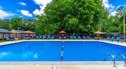 Swimming pool with lounge seating and umbrellas