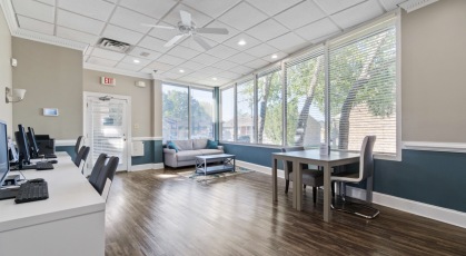 Business center with WiFi and computers 