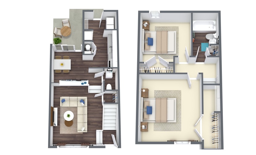 Warwick Townhome - 2 bedroom floor plan layout with 1.5 bathroom and 1022 square feet