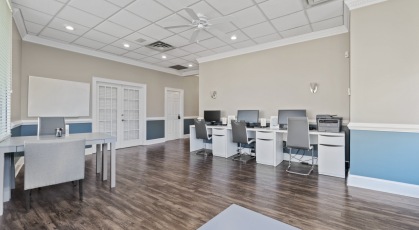 Business center with WiFi and computers 