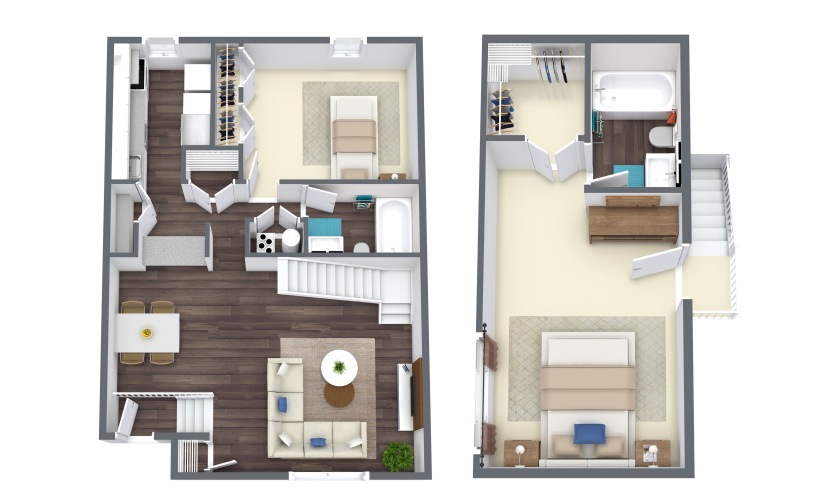 Bedford Townhome - 2 bedroom floor plan layout with 2 bathrooms and 1076 square feet