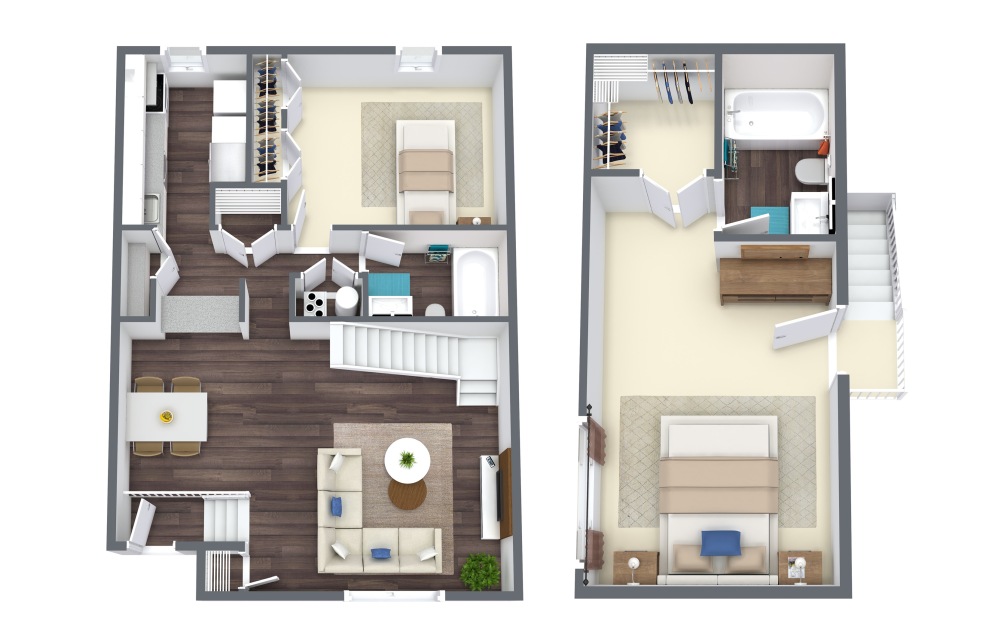 Bedford Townhome - 2 bedroom floor plan layout with 2 bathrooms and 1076 square feet
