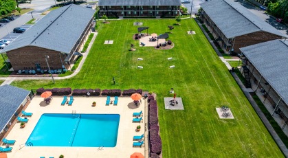 Aerial view of Ridgewood's pool and social area