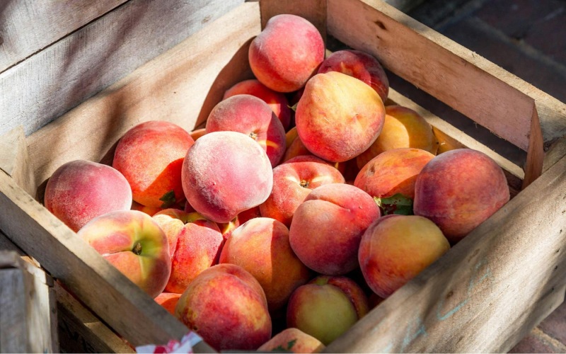 a crate full of peaches