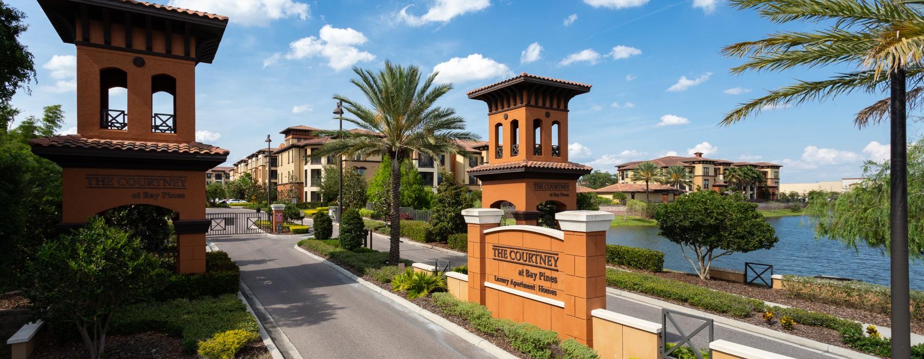 a road with trees and buildings along it