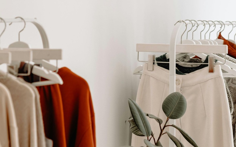clothes on a rack near a plant
