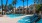 Swimming pool area with palm trees and lounge chairs