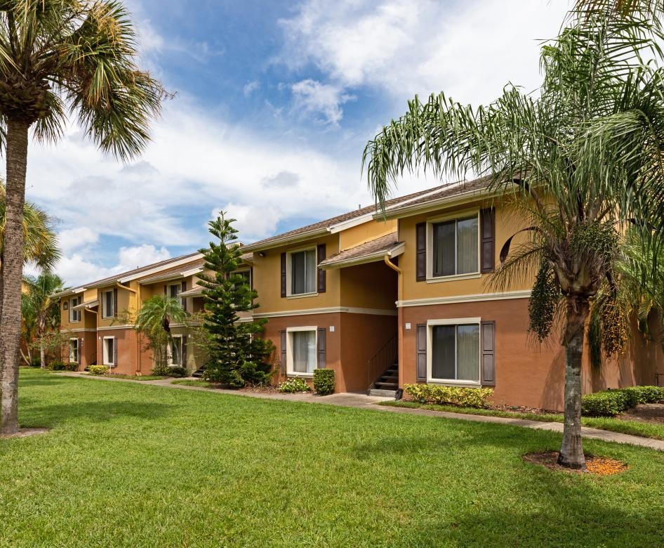 a building with palm trees
