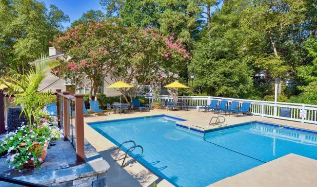 a swimming pool with trees around it