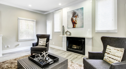 Clubhouse social seating area with fireplace