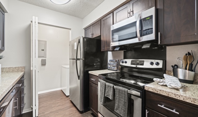 Renovated kitchens featuring stainless steel appliances and updated cabinets