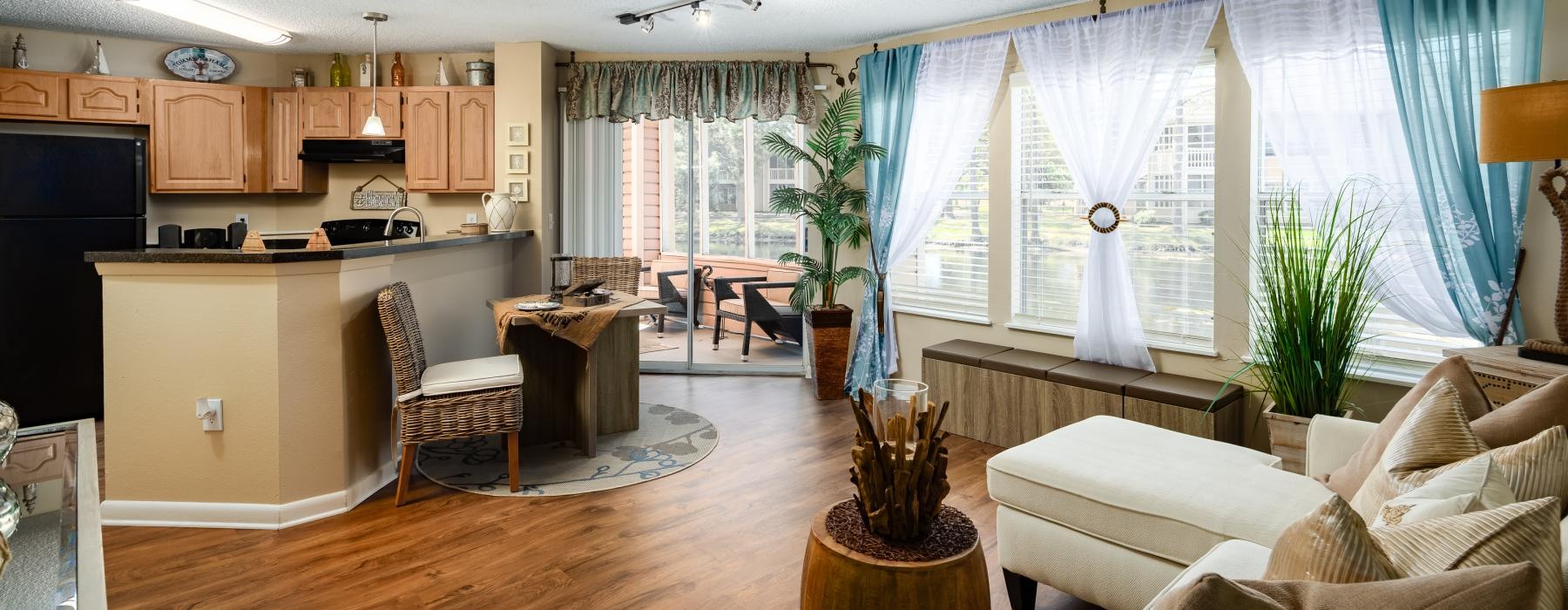 a living room with a wood floor