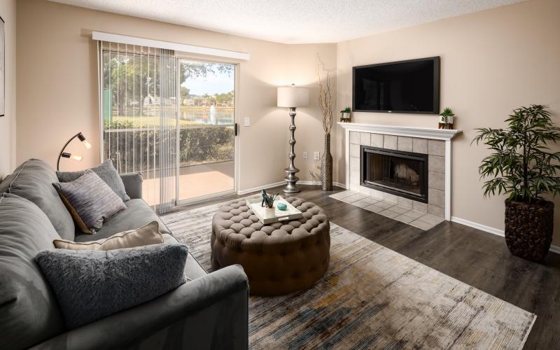a living room with a fireplace a tv a couch and a glass door
