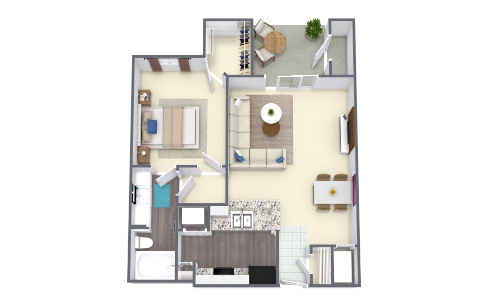 Antigua with patio - 1 bedroom floor plan layout with 1 bathroom and 775 square feet