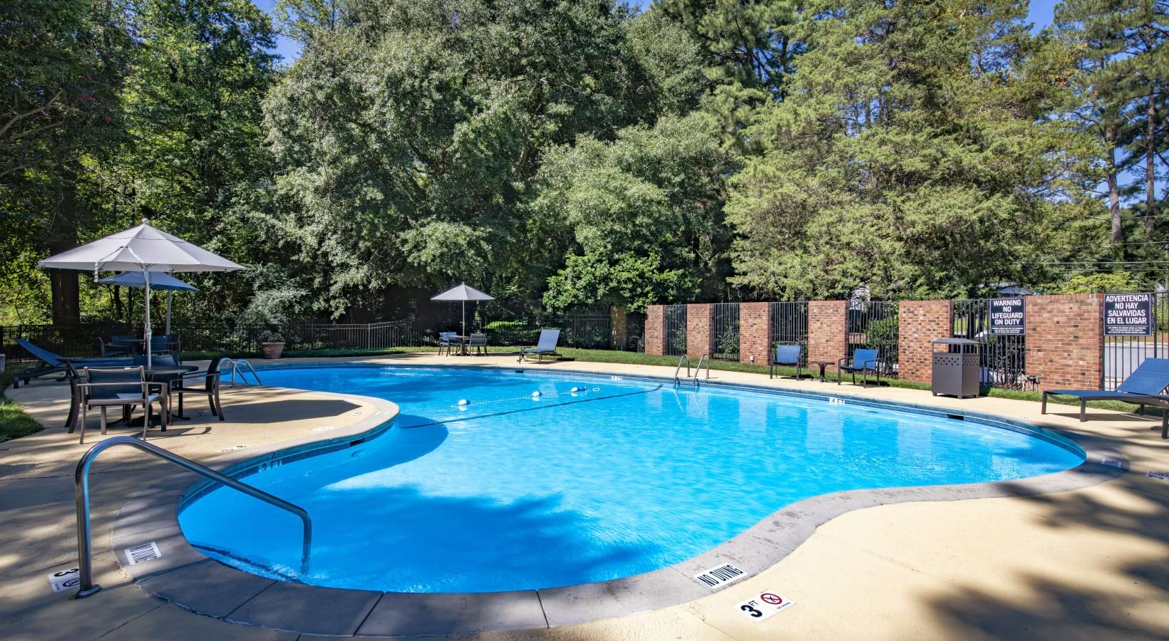 Sparkling blue pool surrounded by large shade trees and lounge chairs