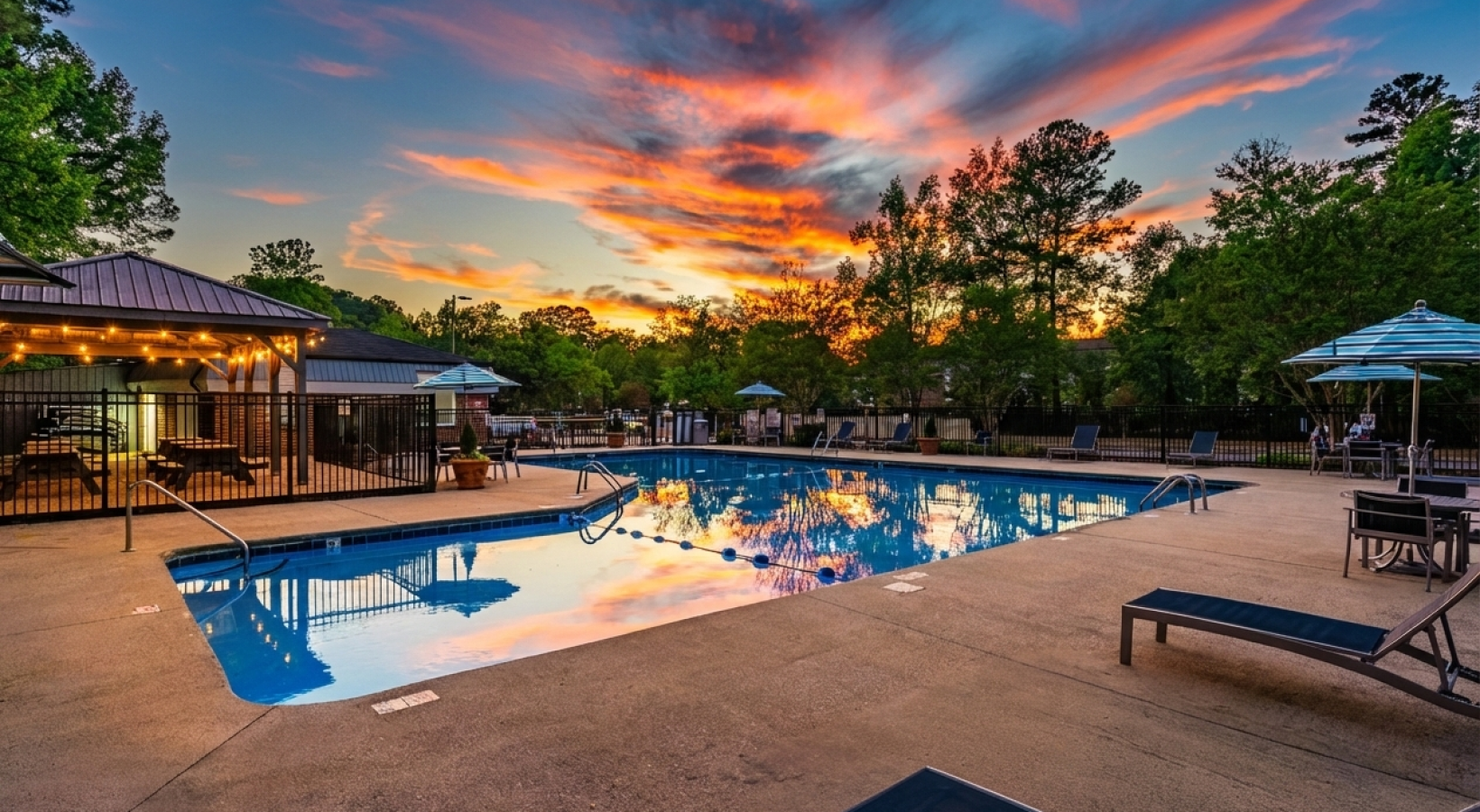 Sparkling blue pool surround by large trees and lounge chairs