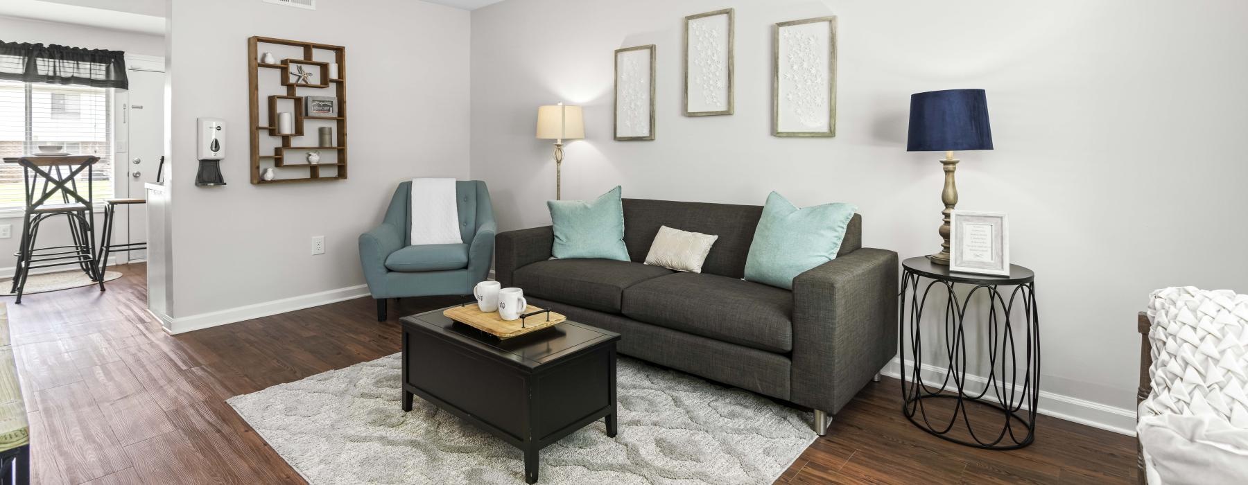 a living room with a couch and a coffee table