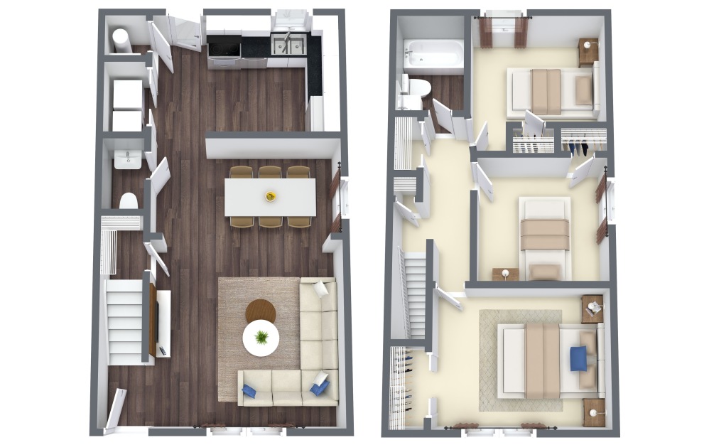 Corsac Townhouse - 3 bedroom floor plan layout with 1.5 bathroom and 1223 square feet (2D)