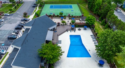Aerial view of the pool and social area