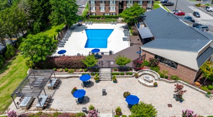 Aerial view of the pool and social area