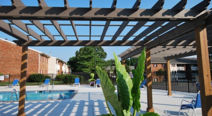 Large wooden pergola overlooking the swimming pool