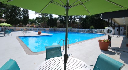 Olympic sized swimming pool with lounge chairs on the deck