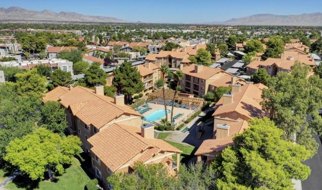 a high angle view of an apartment complex