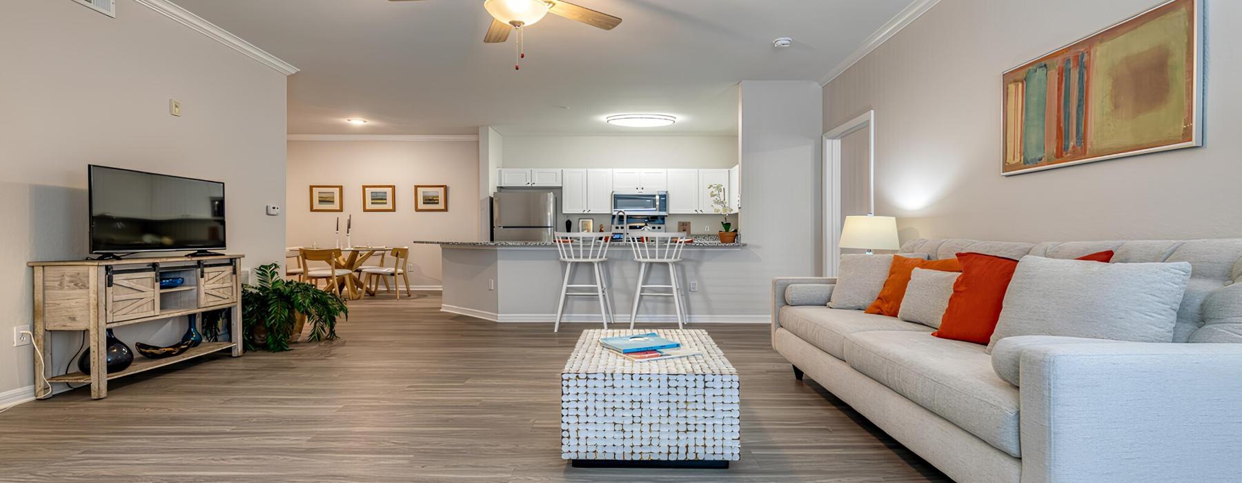 a living room with a wood floor