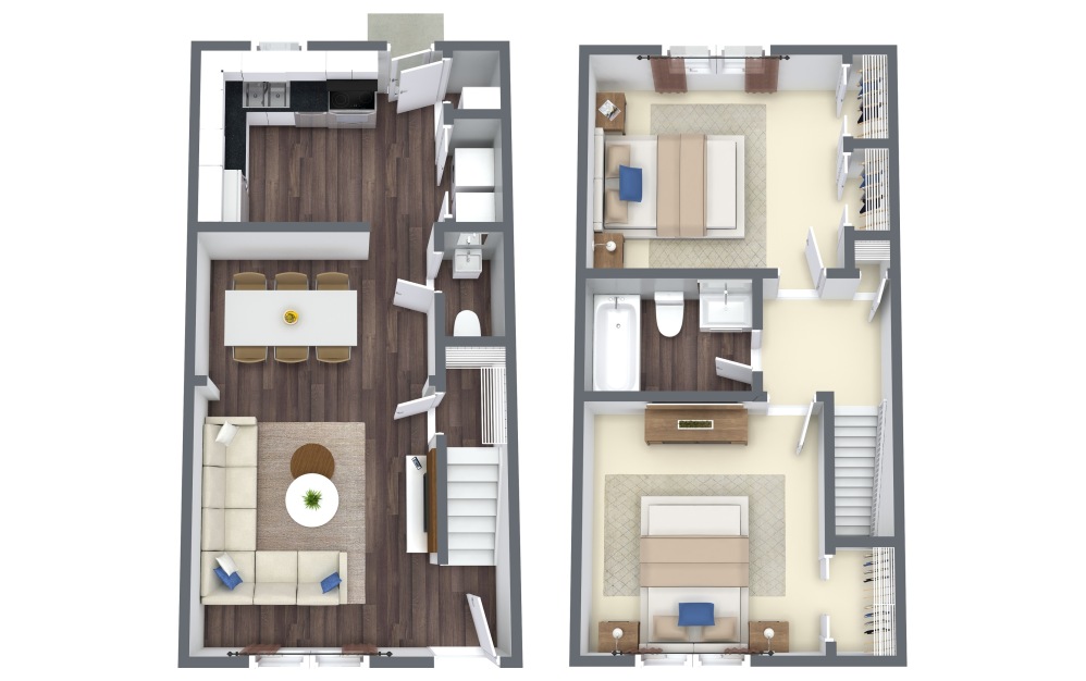 Fennec Townhome - 2 bedroom floor plan layout with 1.5 bathroom and 1018 square feet (2D)