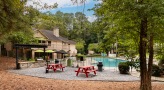 Grilling area with seating near the main pool