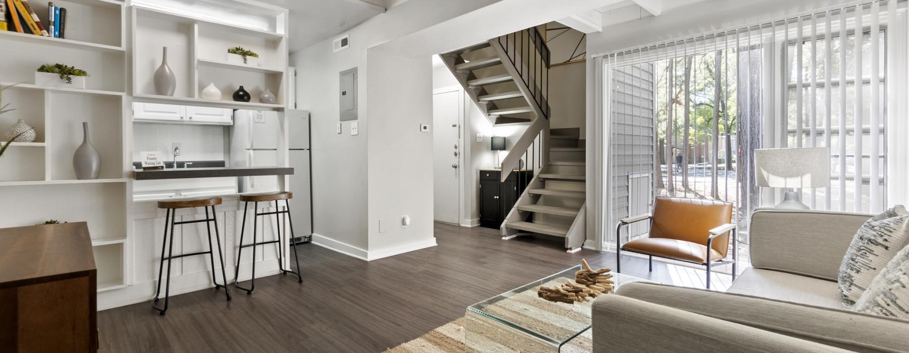 spacious living room near kitchen