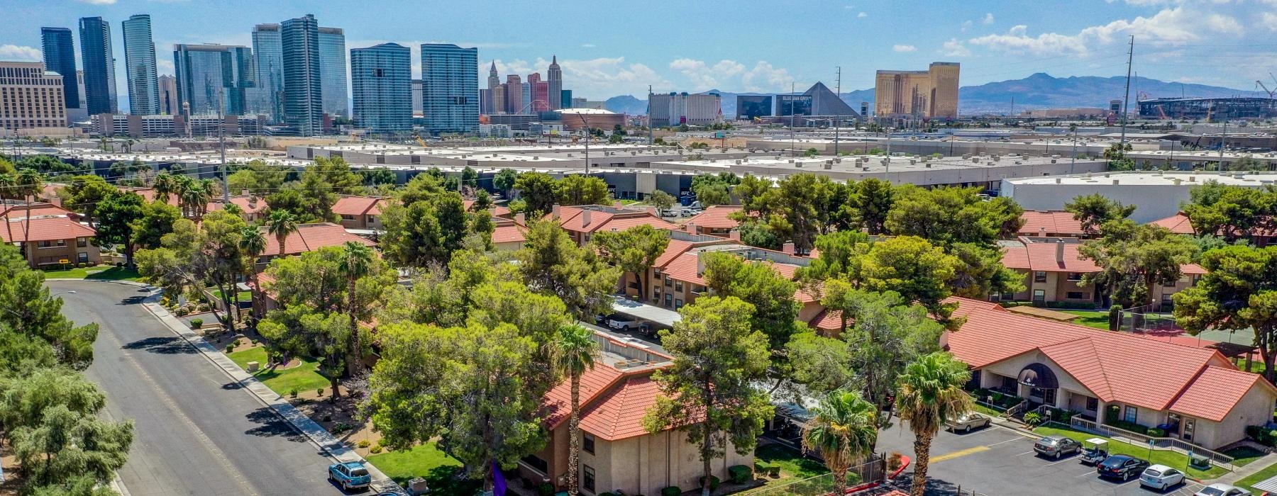 a city with many buildings and trees