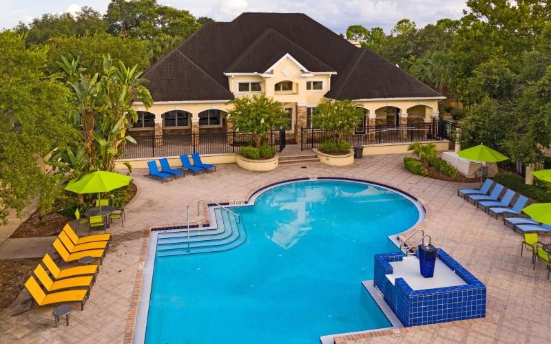 aerial shot of pool with water feature