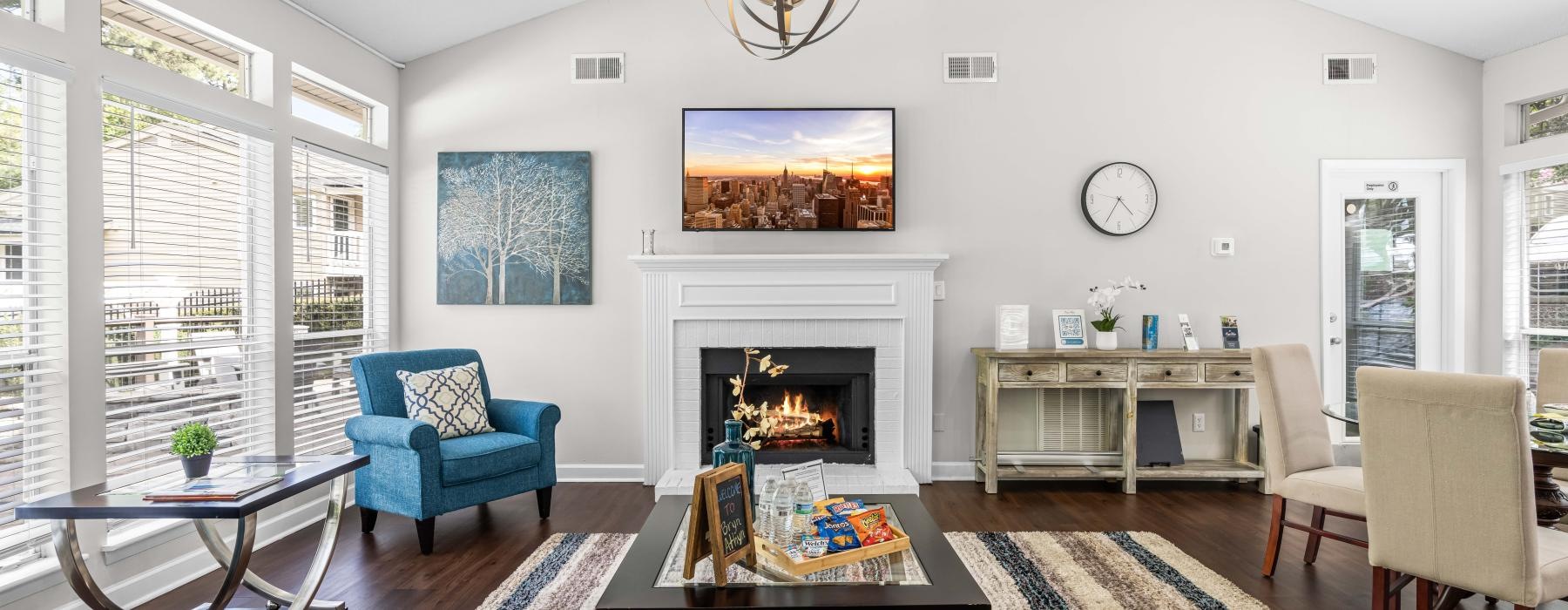 a living room with a fireplace