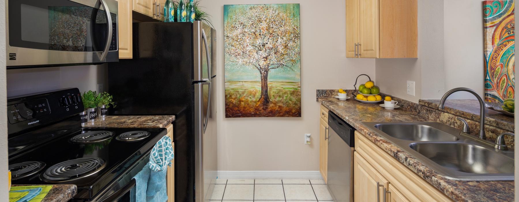 a kitchen with a stove and oven