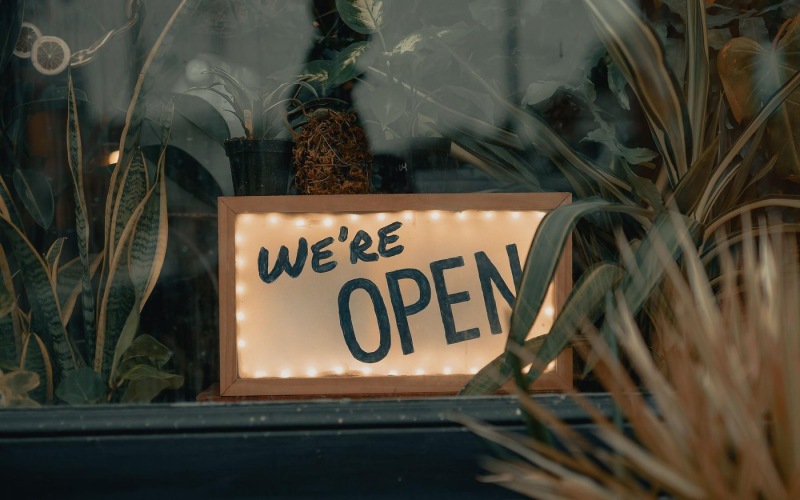 We're Open sign on a window ledge, surrounded by plants