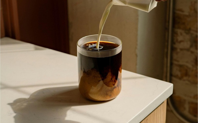 a hand pouring a cream into a coffee