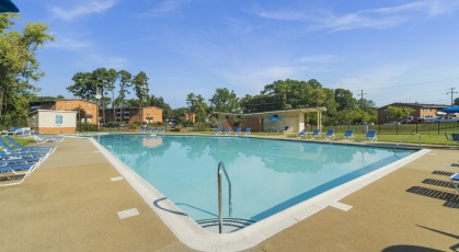 Swimming pool with lounge seating and umbrellas