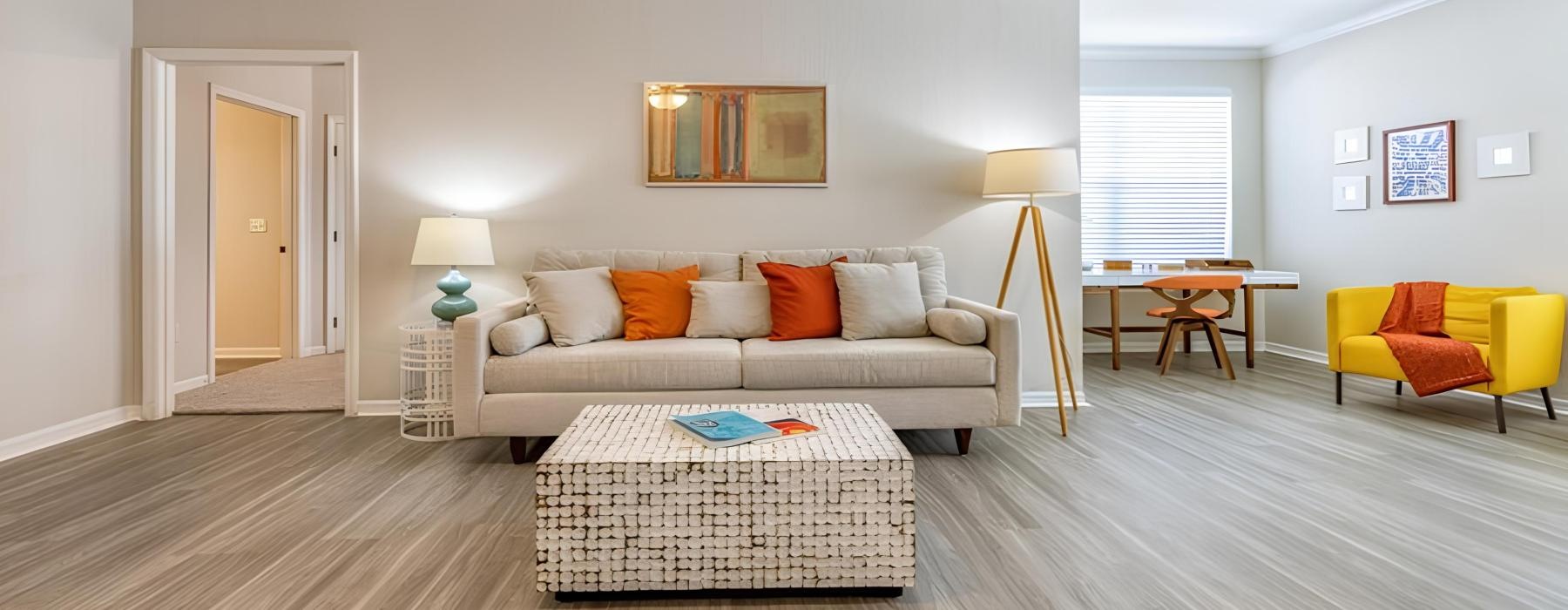 a living room with a couch and a coffee table