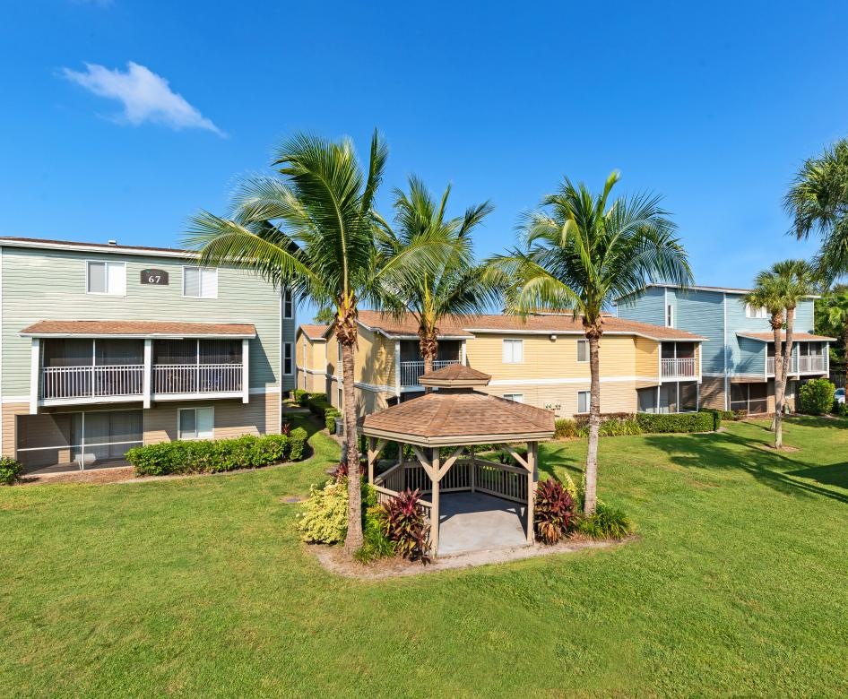 a backyard with a gazebo