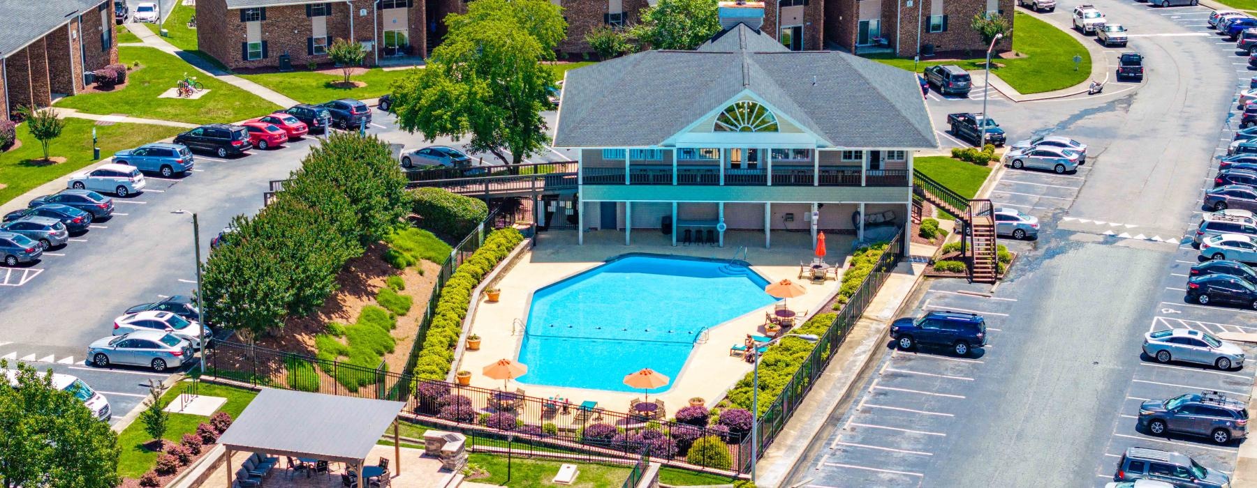 a high angle view of an apartment complex
