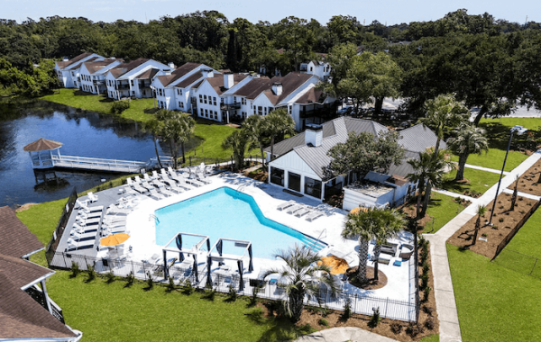 Large sparkling blue swimming pool 