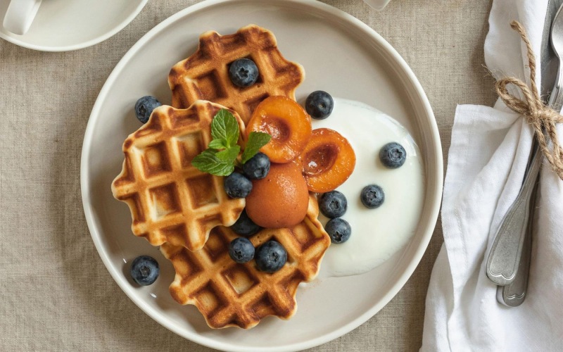 a plate of blueberries and waffles and a cup of coffee