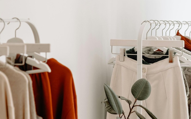 clothes on a rack near a plant