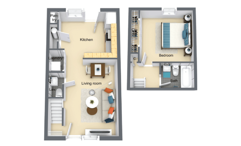 Cherry Birch Townhome - 1 bedroom floorplan layout with 1.5 bathroom and 645 square feet